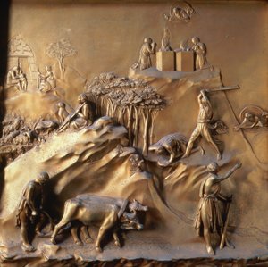 The Story of Cain and Abel: The Sacrifice, The Murder of Abel and God Banishing Cain, et af ti reliefpaneler fra Gates of Paradise (østlige døre), 1425-52 (forgyldt bronze) (se også 87652 og 87654-67
